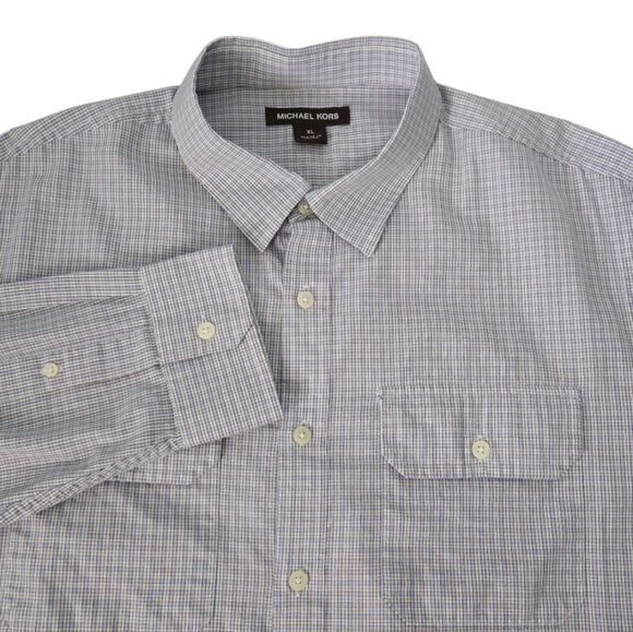 Michael Kors Mens XL Long Sleeve Shirt Purple Grid Check 100% Cotton Button Fron - Picture 1 of 8